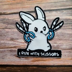 Run With Scissors Rabbit Danger Funny Bunny Embroidered Iron on Patch
